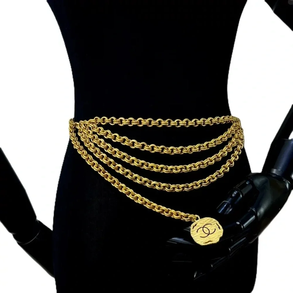 Authentic CHANEL 1994 Vintage charm medallion quadruple chain belt 90cm